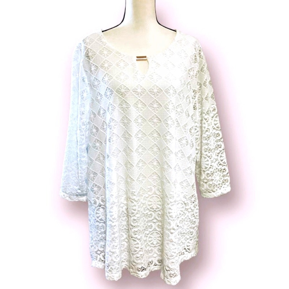 JM Collection Crochet Lace 3/4 Sleeve Keyhole Double Layered Tunic Top White  XL